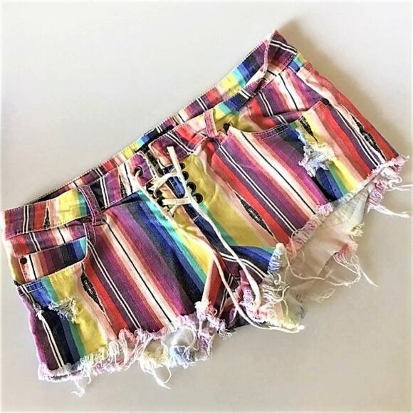 BILLABONG RAINBOW STRIPE LACE UP RAW HEM CUT OFF JEAN SHORTS - Picture 4 of 12